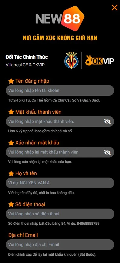 Điền thông tin vào biểu mẫu New88 01